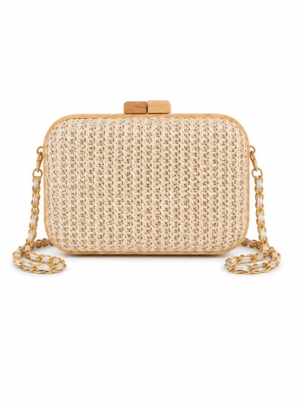 Tommy Bahama Raffia Woven Wood Frame Crossbody Clutch Gold Chain Natural NWT